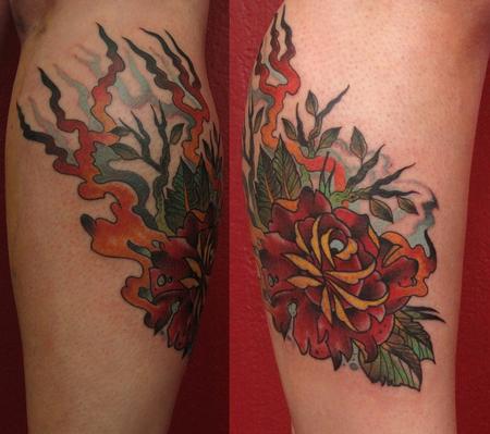 Robert Hendrickson - neo tradtional rose on fire tattoo 